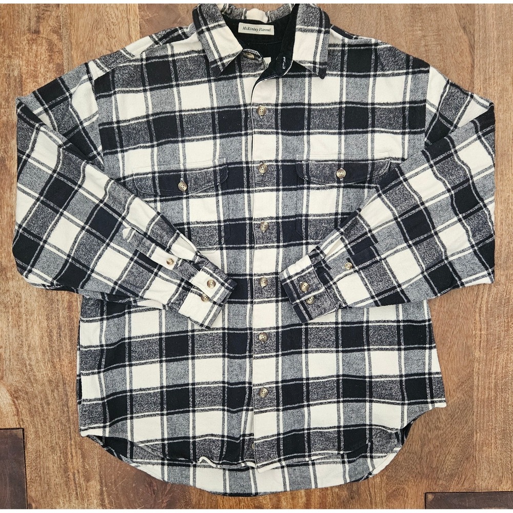 Eddie Bauer Button Up Shirt Mens L Black White McKinley Flannel Long Sleeve